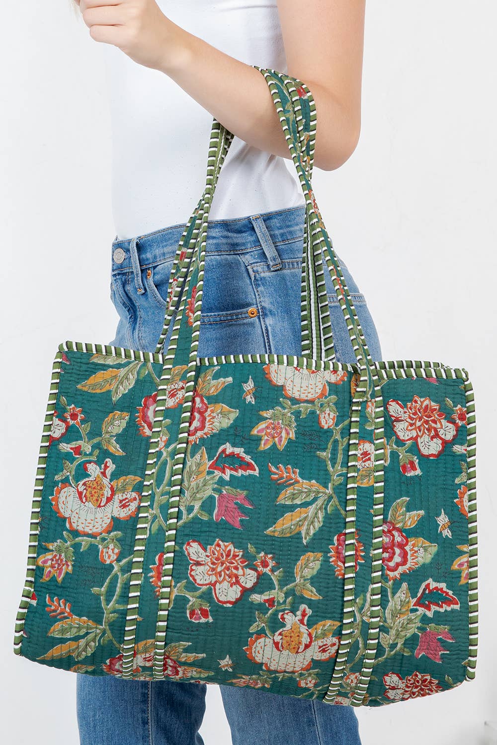 Green Floral Quilted Tote Bag