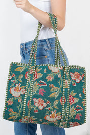 Green Floral Quilted Tote Bag