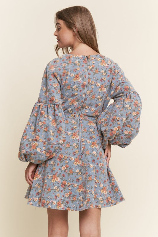 Floral Print Balloon Sleeve Denim Dress