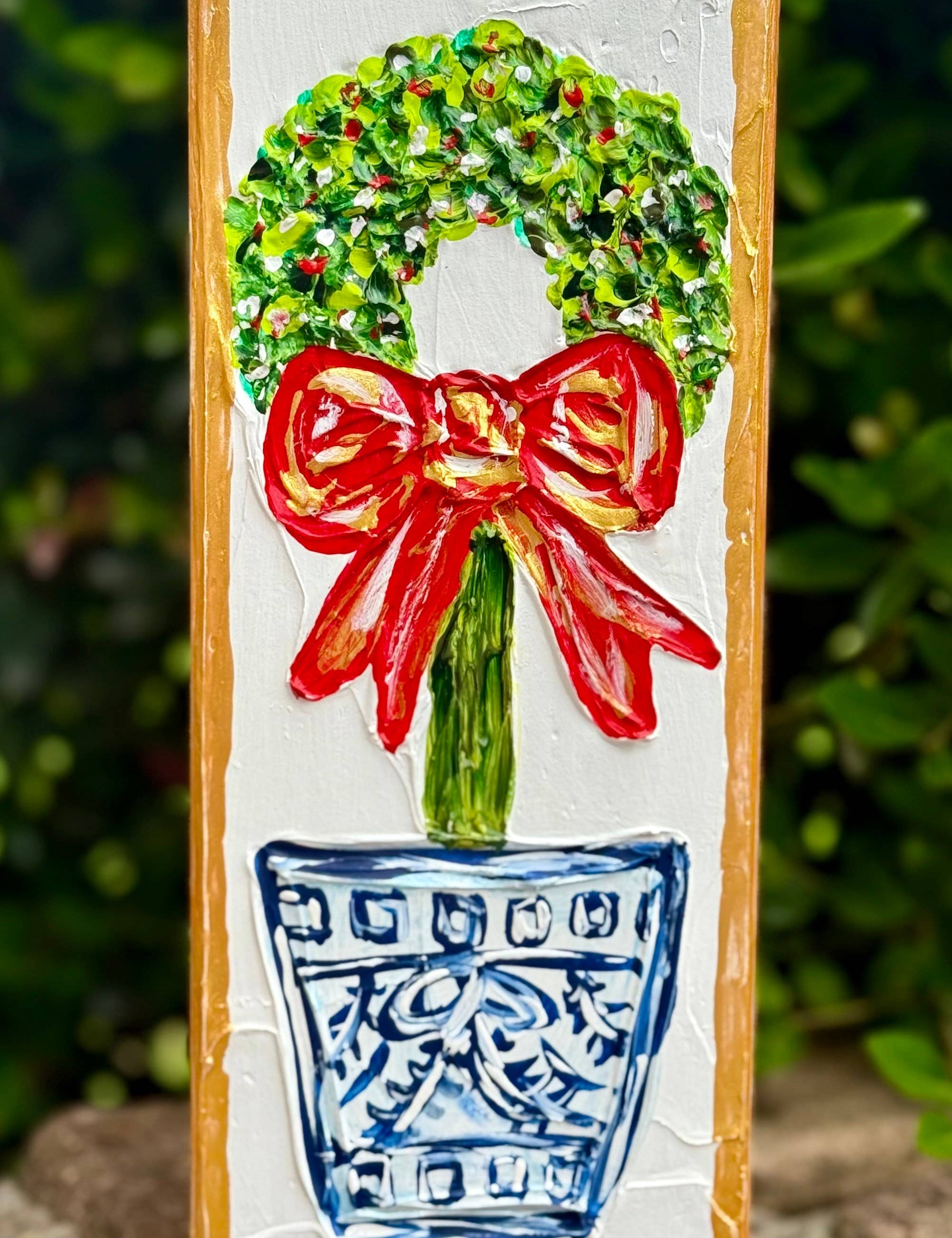 Christmas Wreath Topiary Textured Painted Art Block from Ninety Nine Boutique