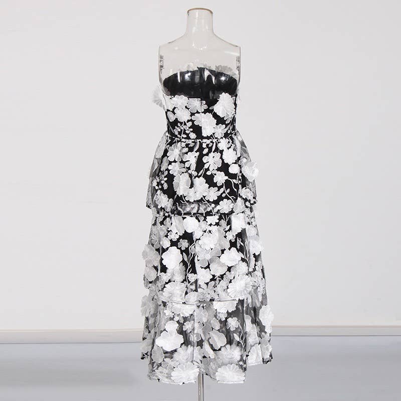 Blue 3D Flower Strapless Dress