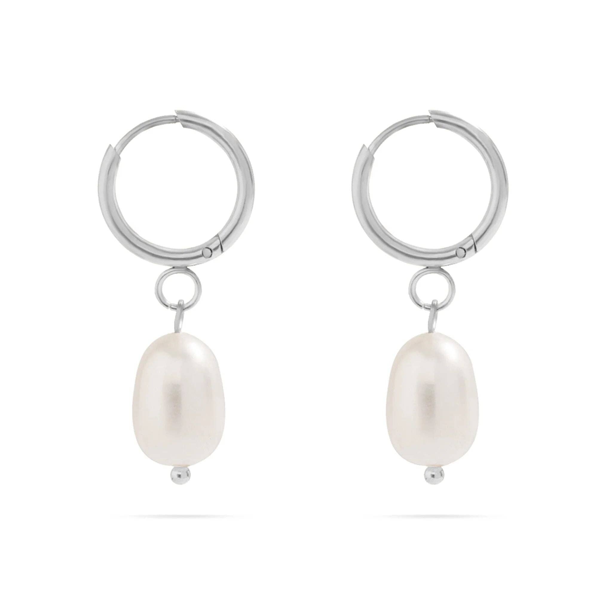 Silver PVD Freshwater Pearl Huggie Earrings