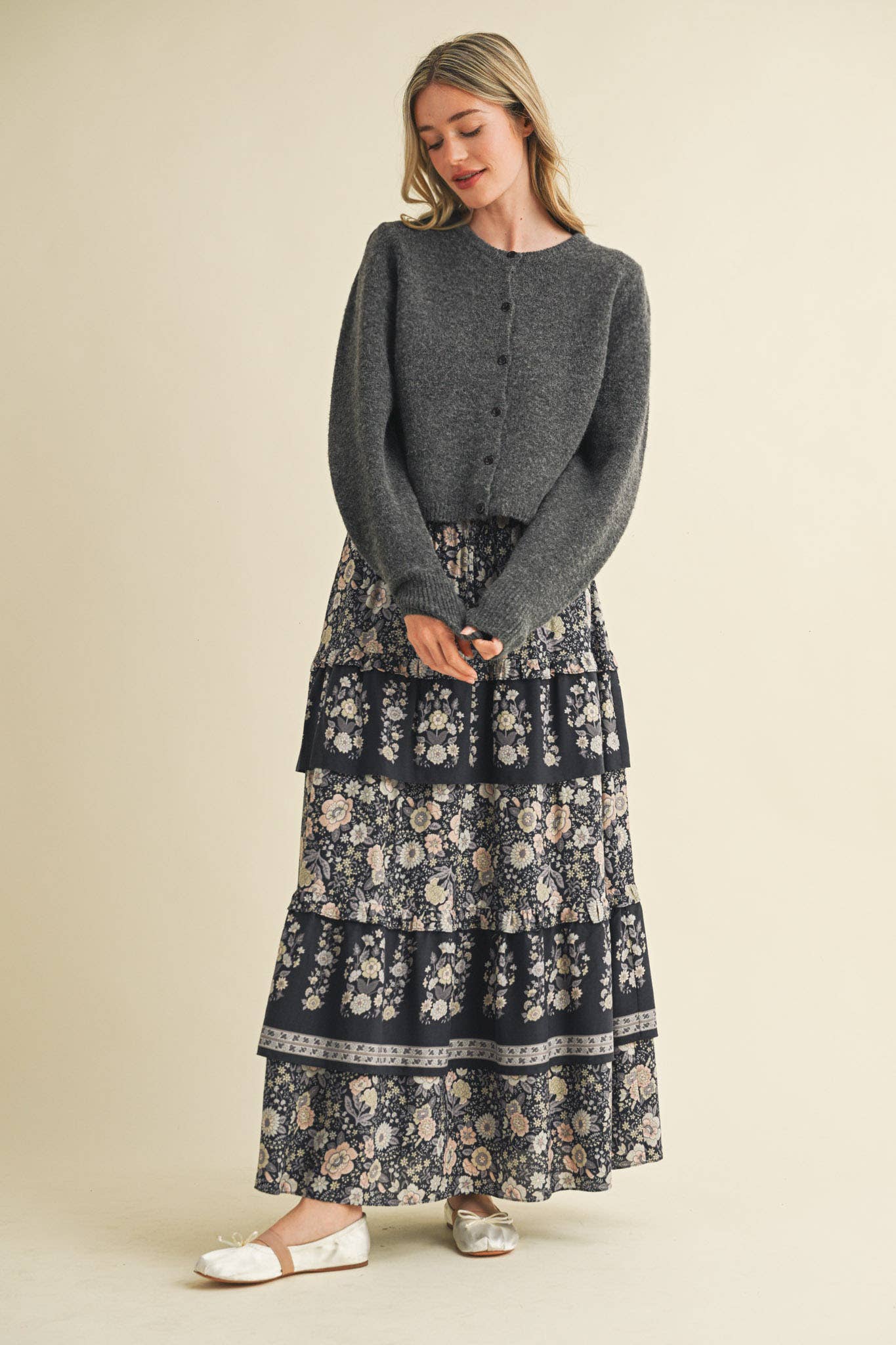 Black Ruffle Tiered Print Midi Skirt