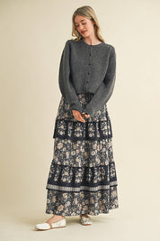 Black Ruffle Tiered Print Midi Skirt