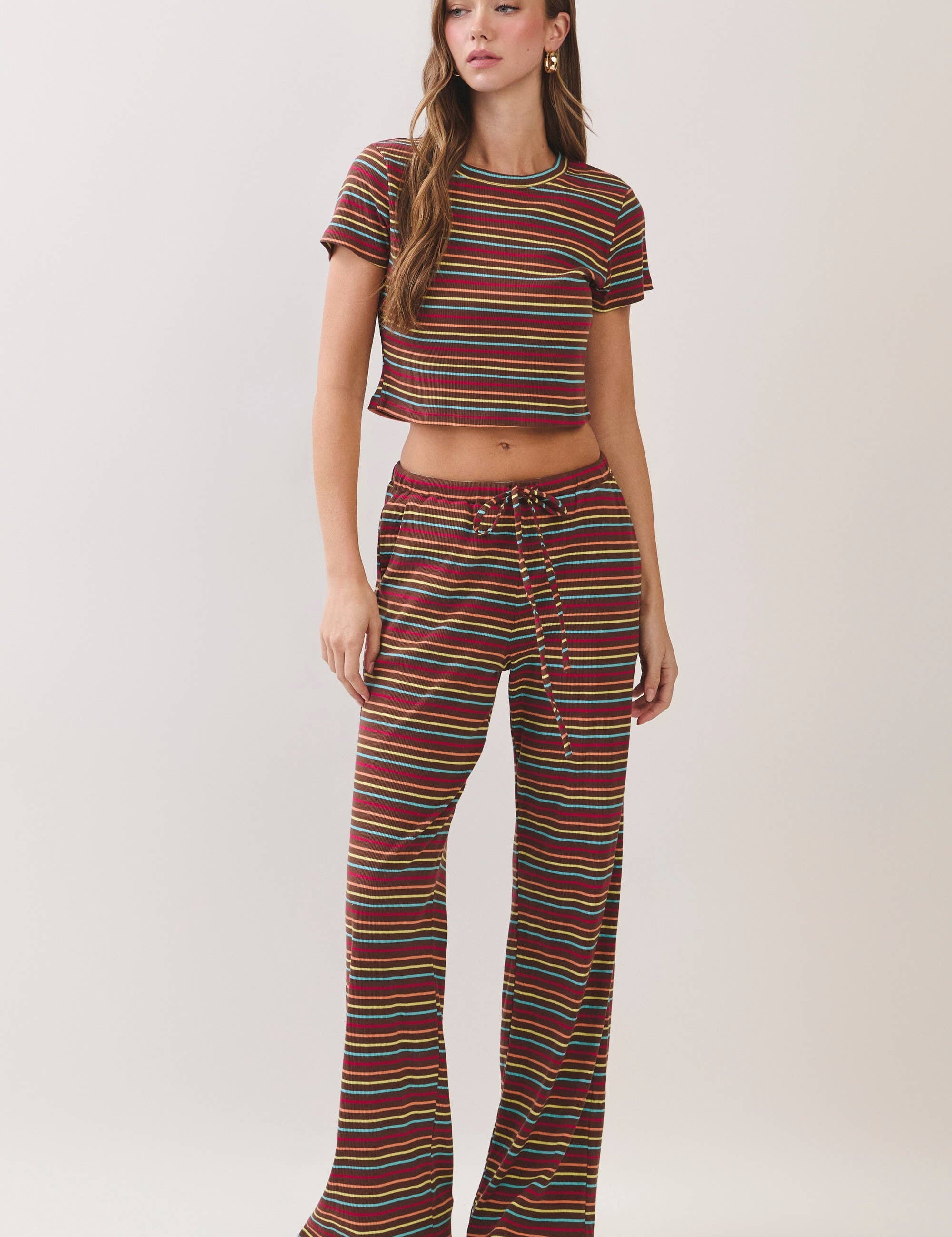 Brown Stripe Top & Pants Set showing two-piece set
