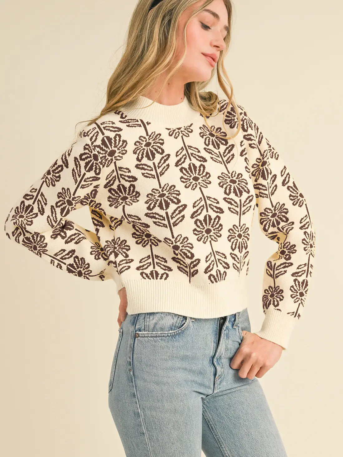 Brown Floral Pattern Knit Sweater