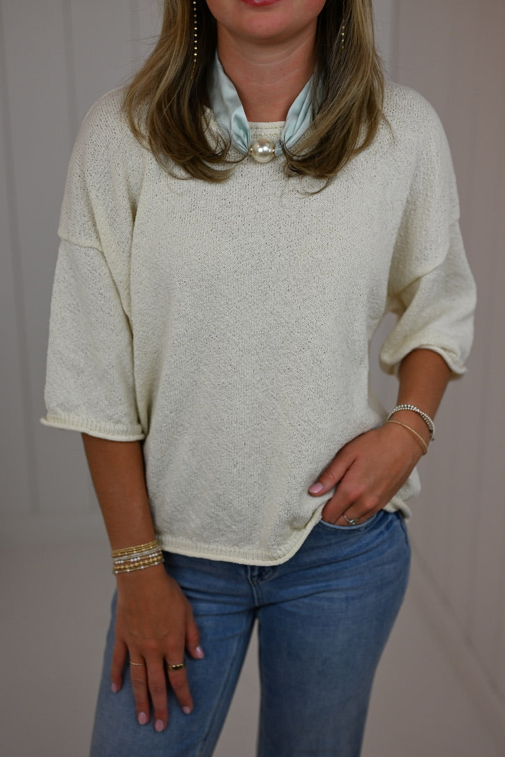 White Edge Short Sleeve Knit Sweater