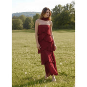 Maroon Strapless Tiered Midi Dress in 100% Polyester
