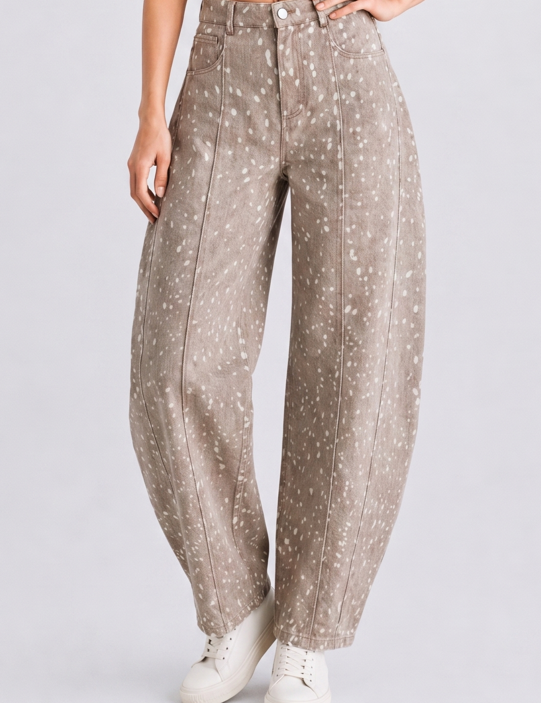 Brown Fawn Print Barrel Pants — color: brown with cream fawn print and high-waisted