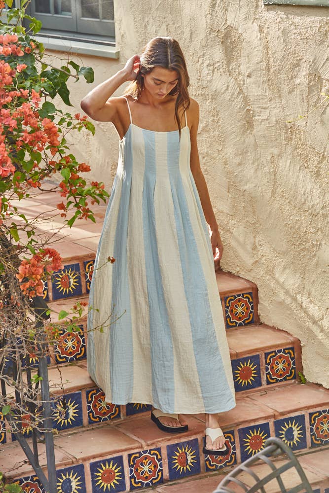Blue & White Striped Cami Pintuck Midi Dress