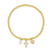 Gold Cross and Heart Charm Beaded Stretch Bracelet