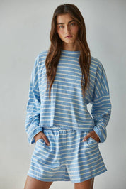 Blue & White Striped Mock Neck Long Sleeve
