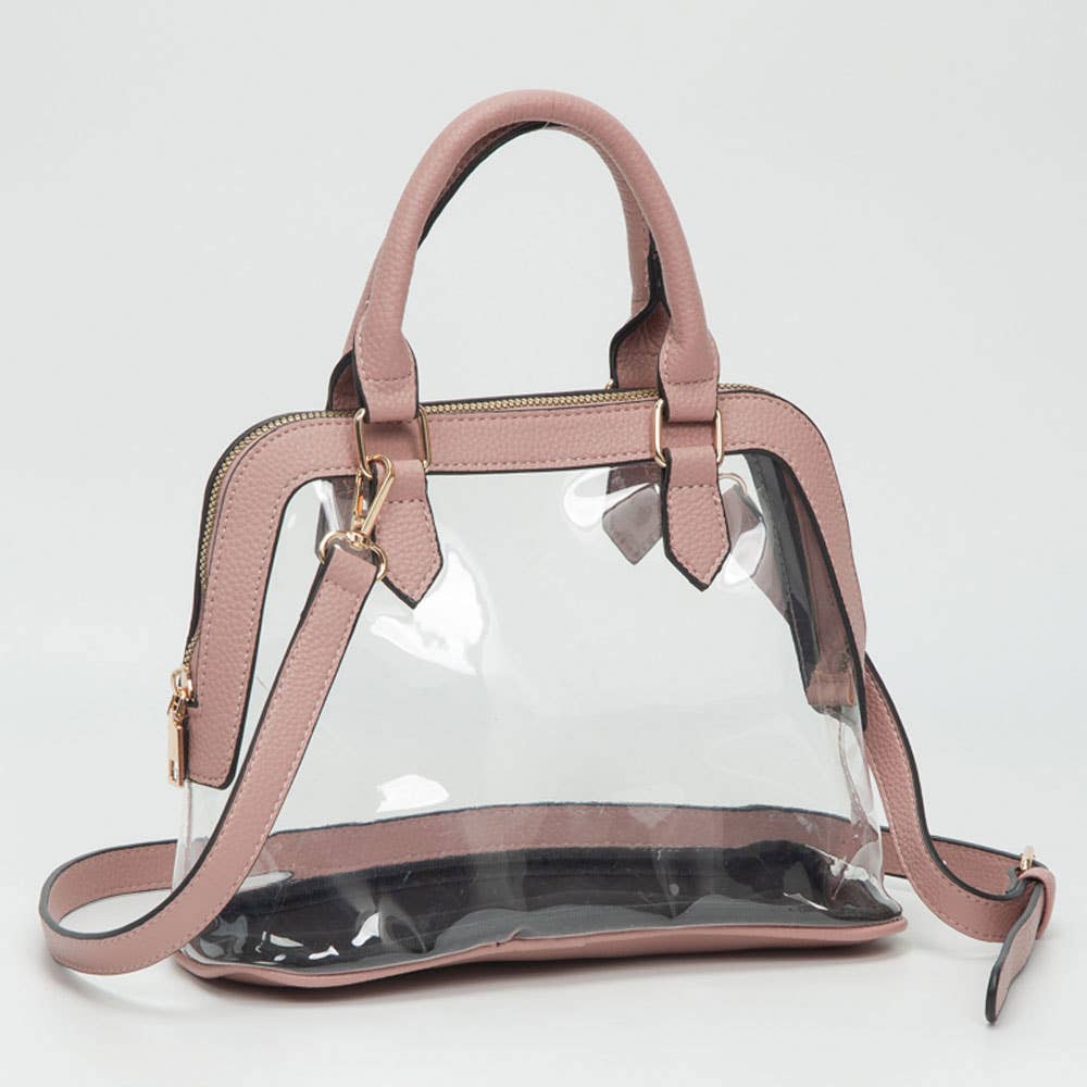 Faux Leather Trim Transparent Structured Top Handle Handbag / Crossbody Bag: Clear,Navy