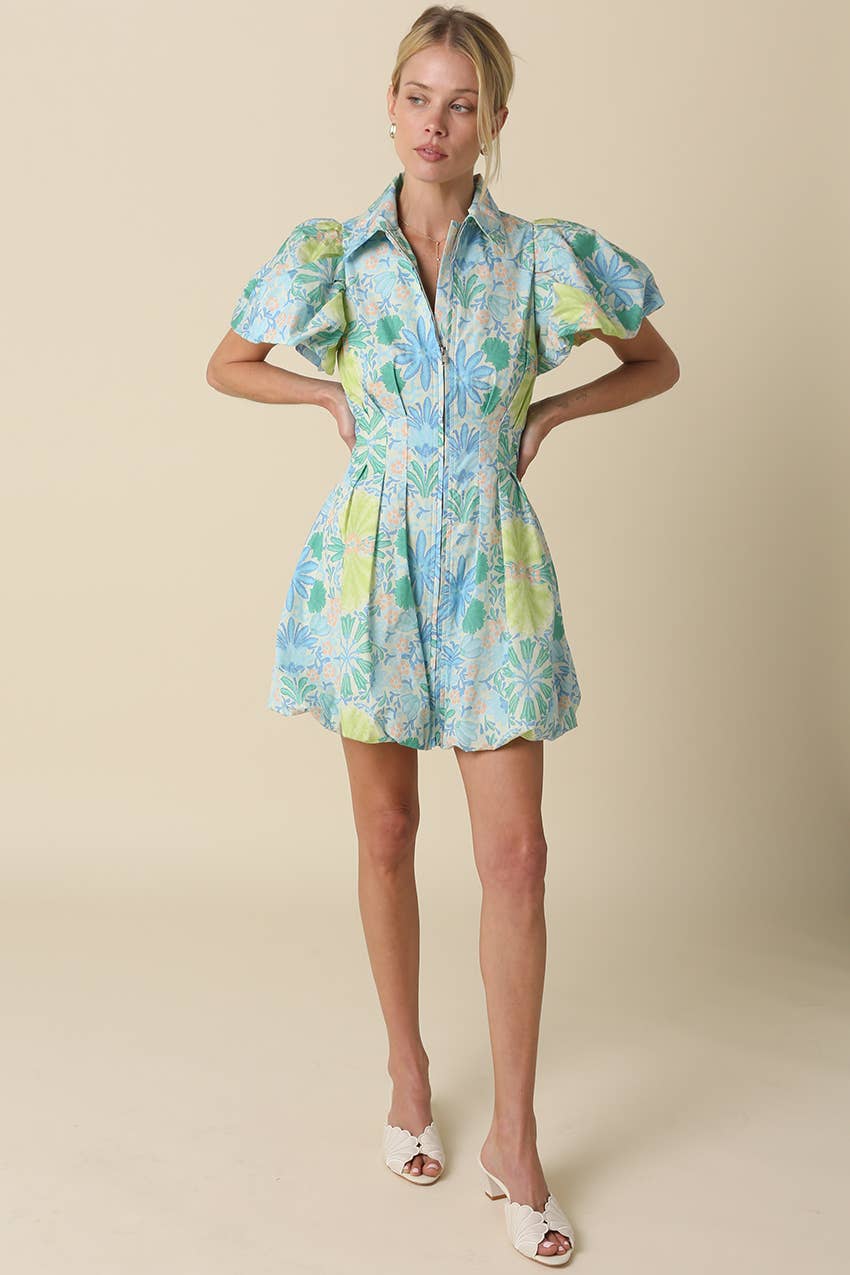 Blue Floral Puff Mini Dress