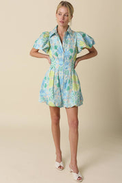 Blue Floral Puff Mini Dress