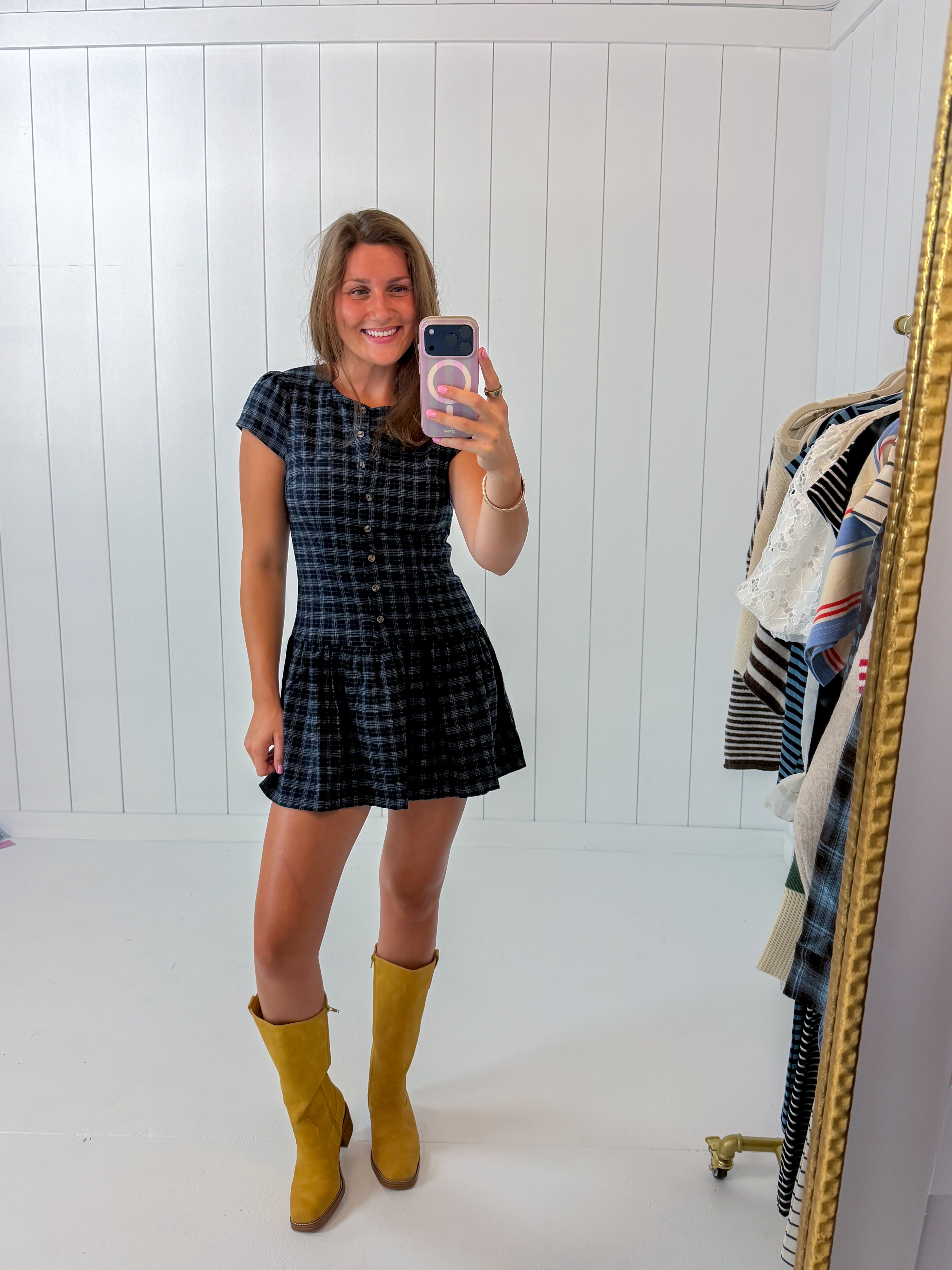 Navy Plaid Mini Dress