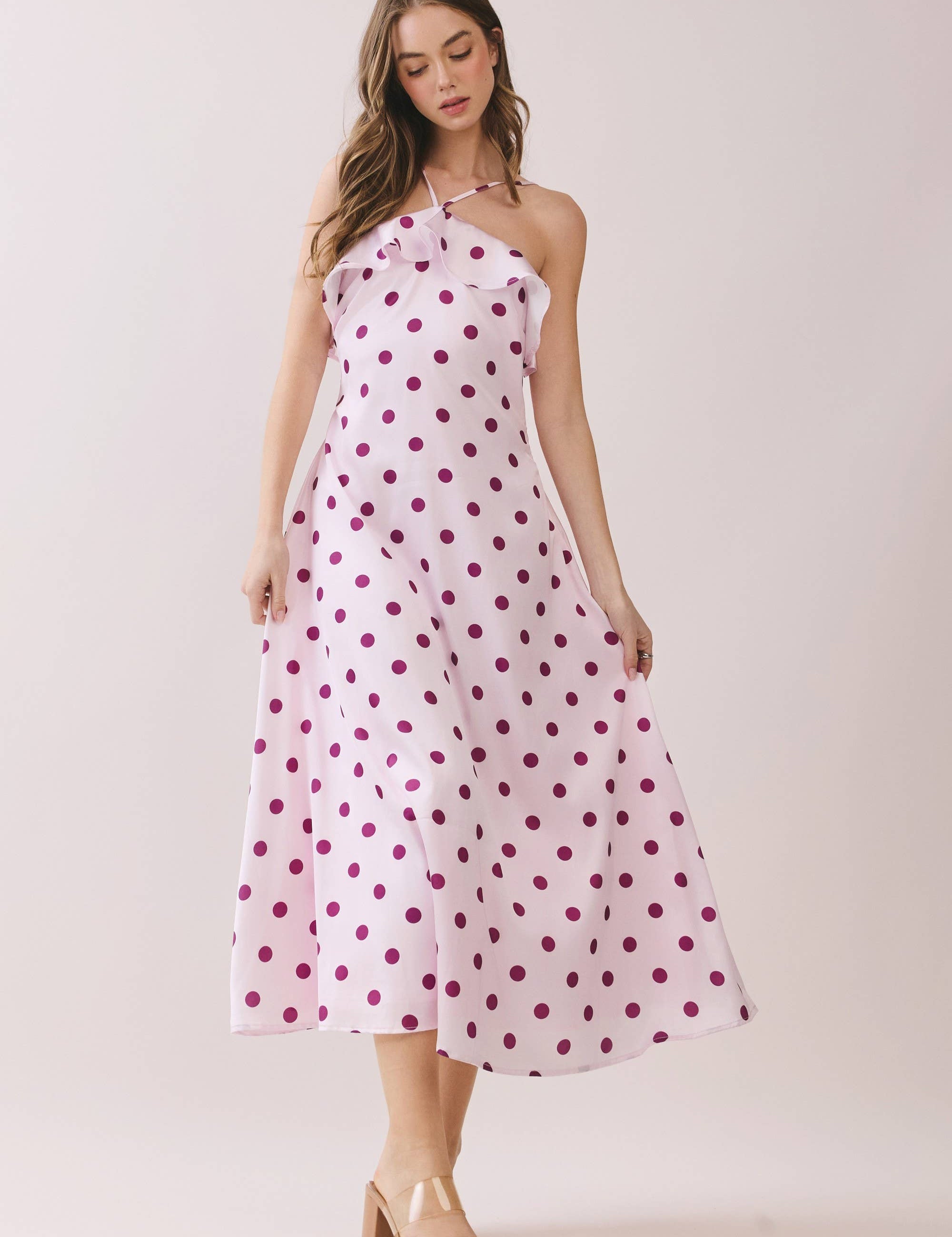 Pink Polka Dot Ruffle Trim Dress