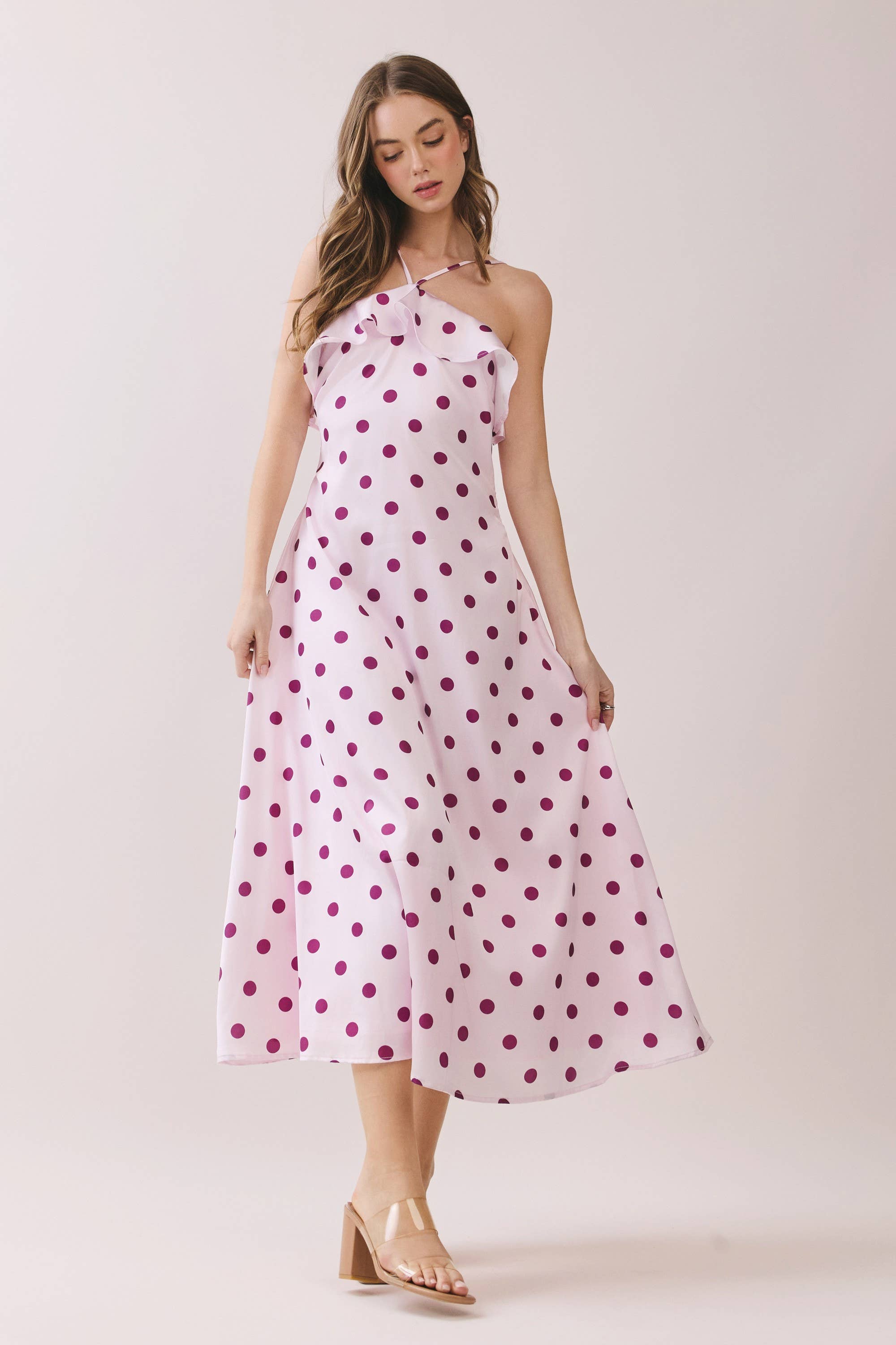 Pink Polka Dot Ruffle Trim Dress