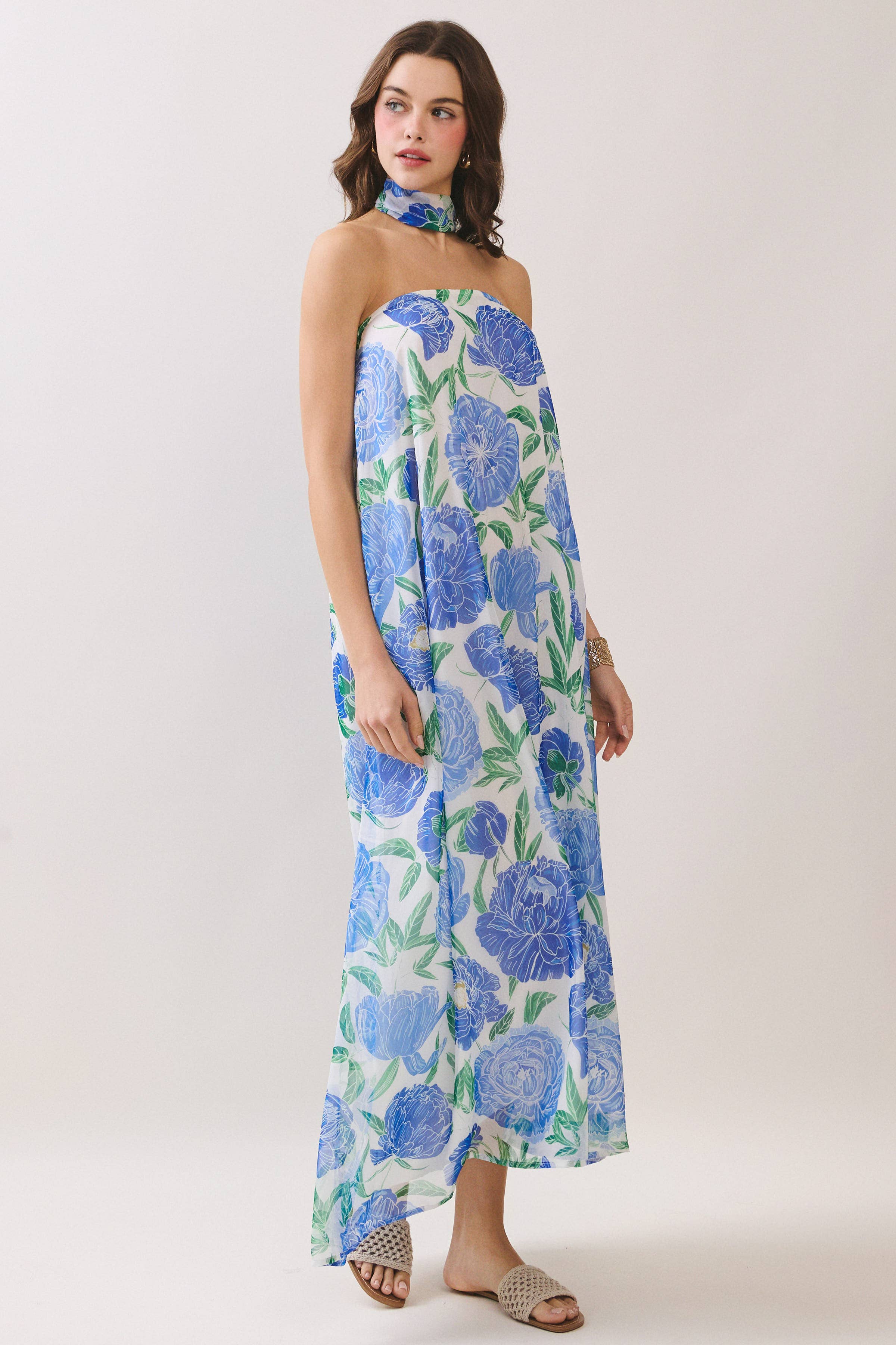 Strapless Floral Maxi Dress with Scarf