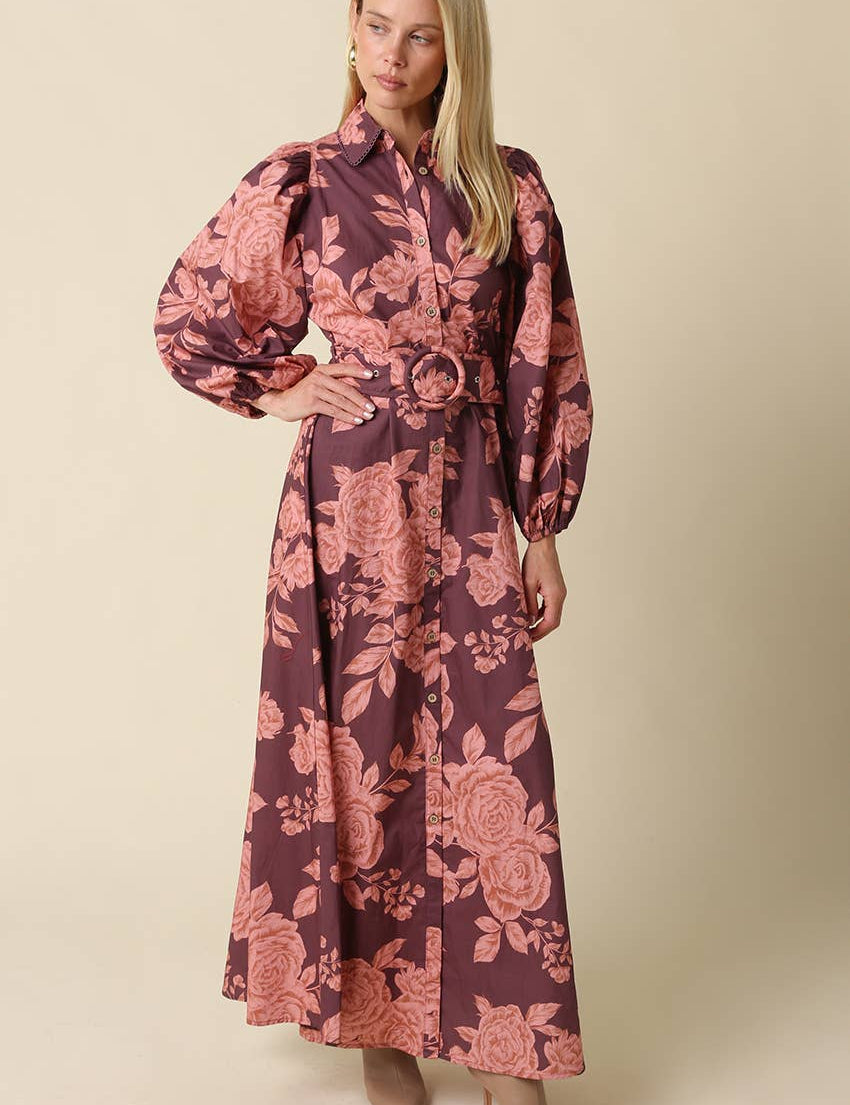 Purple & Pink Floral Belted Maxi Dress showing floral print