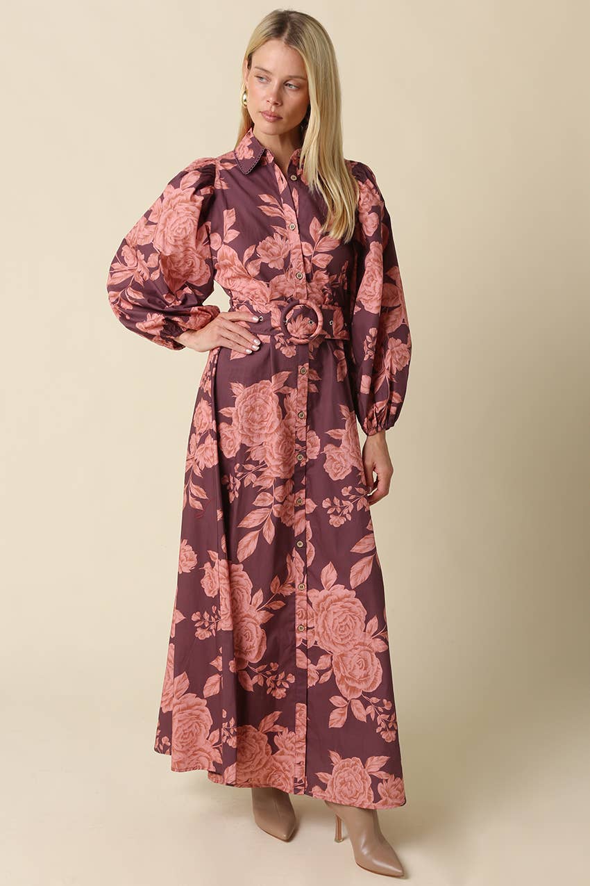 Purple & Pink Floral Belted Maxi Dress showing floral print