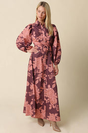 Purple & Pink Floral Belted Maxi Dress showing floral print