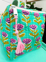 Aqua Floral Quilted Large Cosmetics Bag