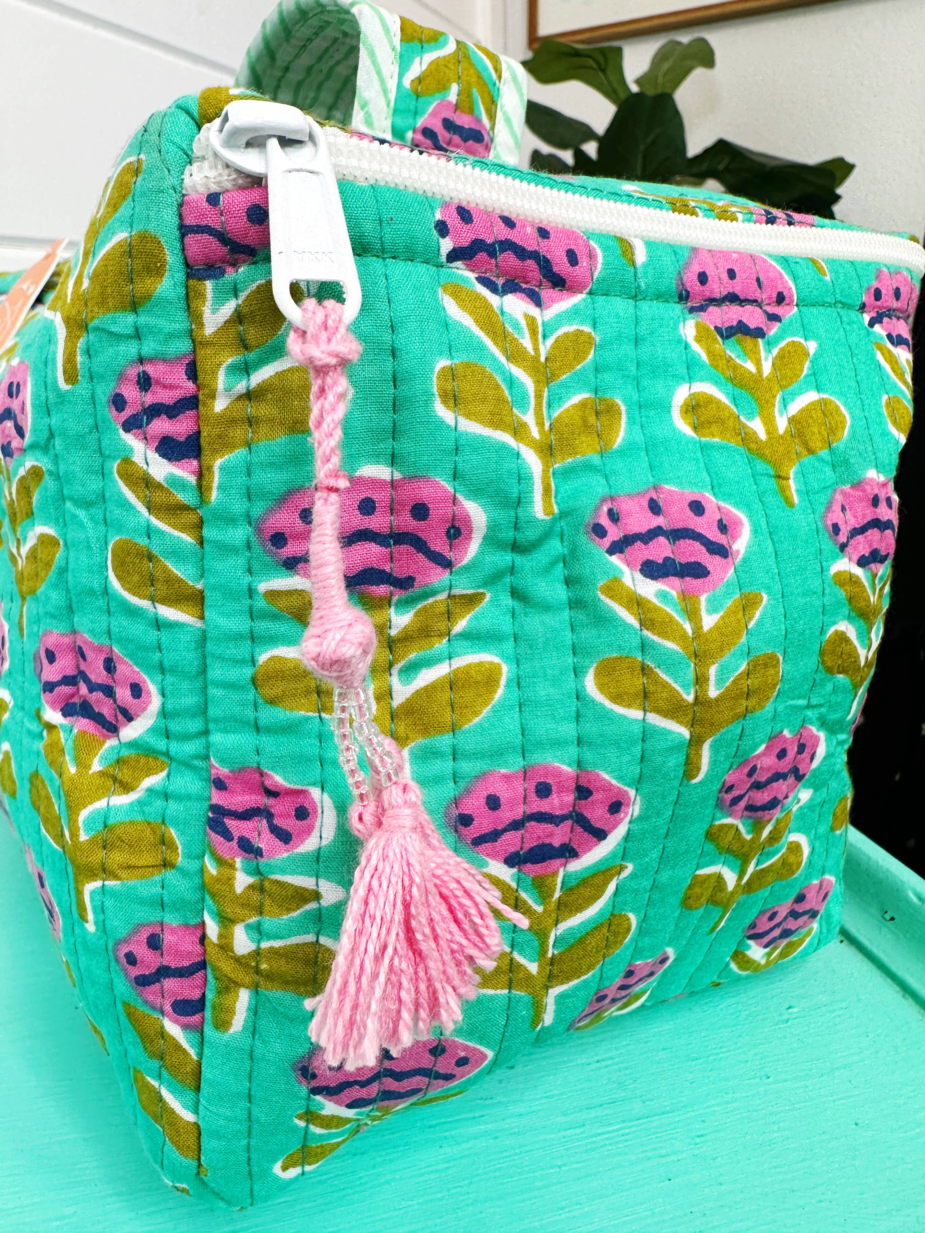 Aqua Floral Quilted Large Cosmetics Bag
