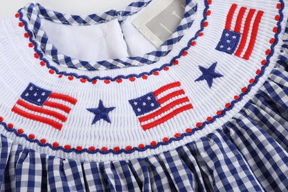 Royal Blue Gingham American Flag Smocked Bishop Baby