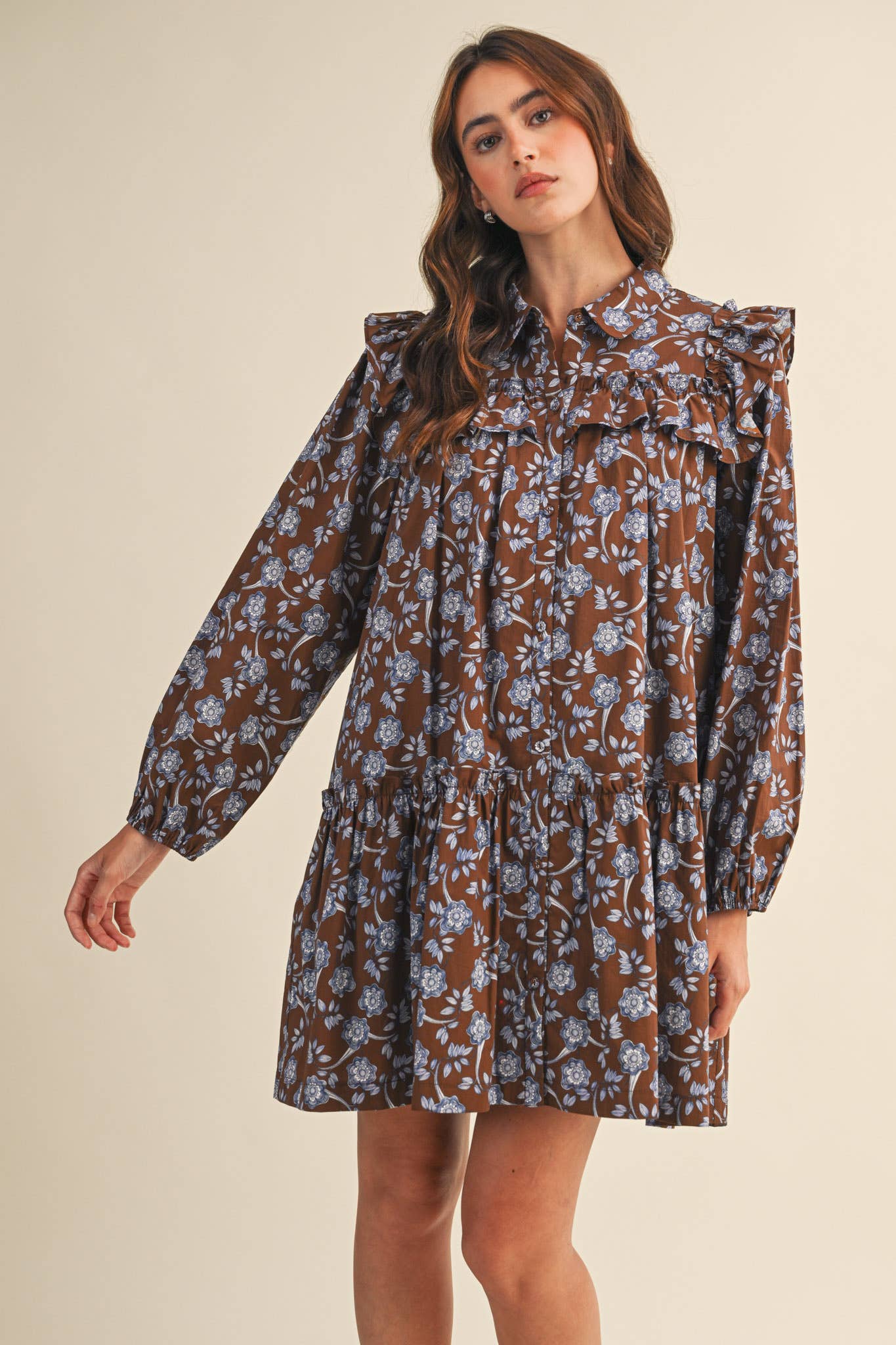 Brown Ruffle Trim Button Down Mini Dress