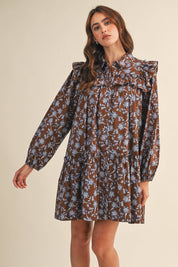 Brown Ruffle Trim Button Down Mini Dress