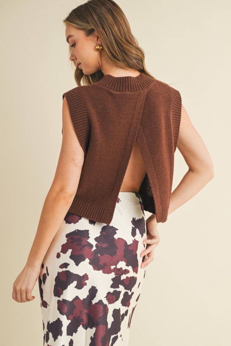 Brown Knit Ribbed Detail Open Back Top