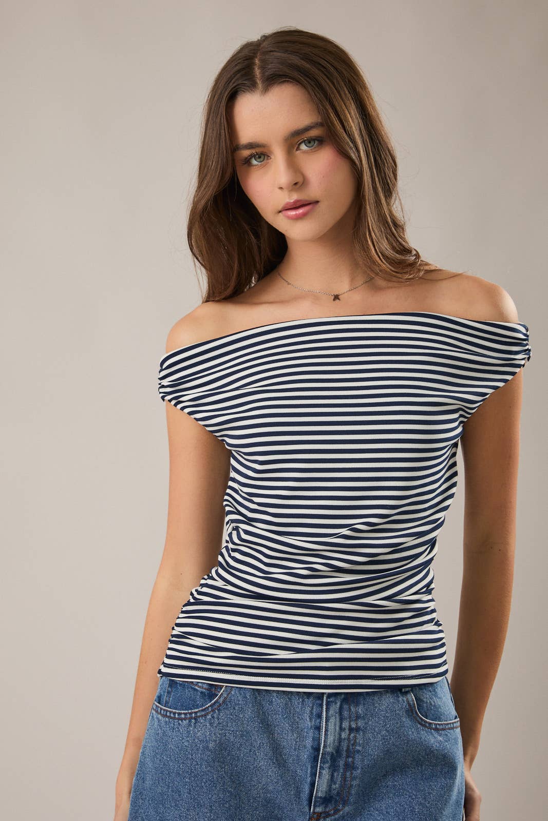 Navy Stripe Off Shoulder Top