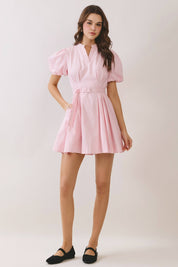 Pink Belted Puff Sleeve Mini Dress