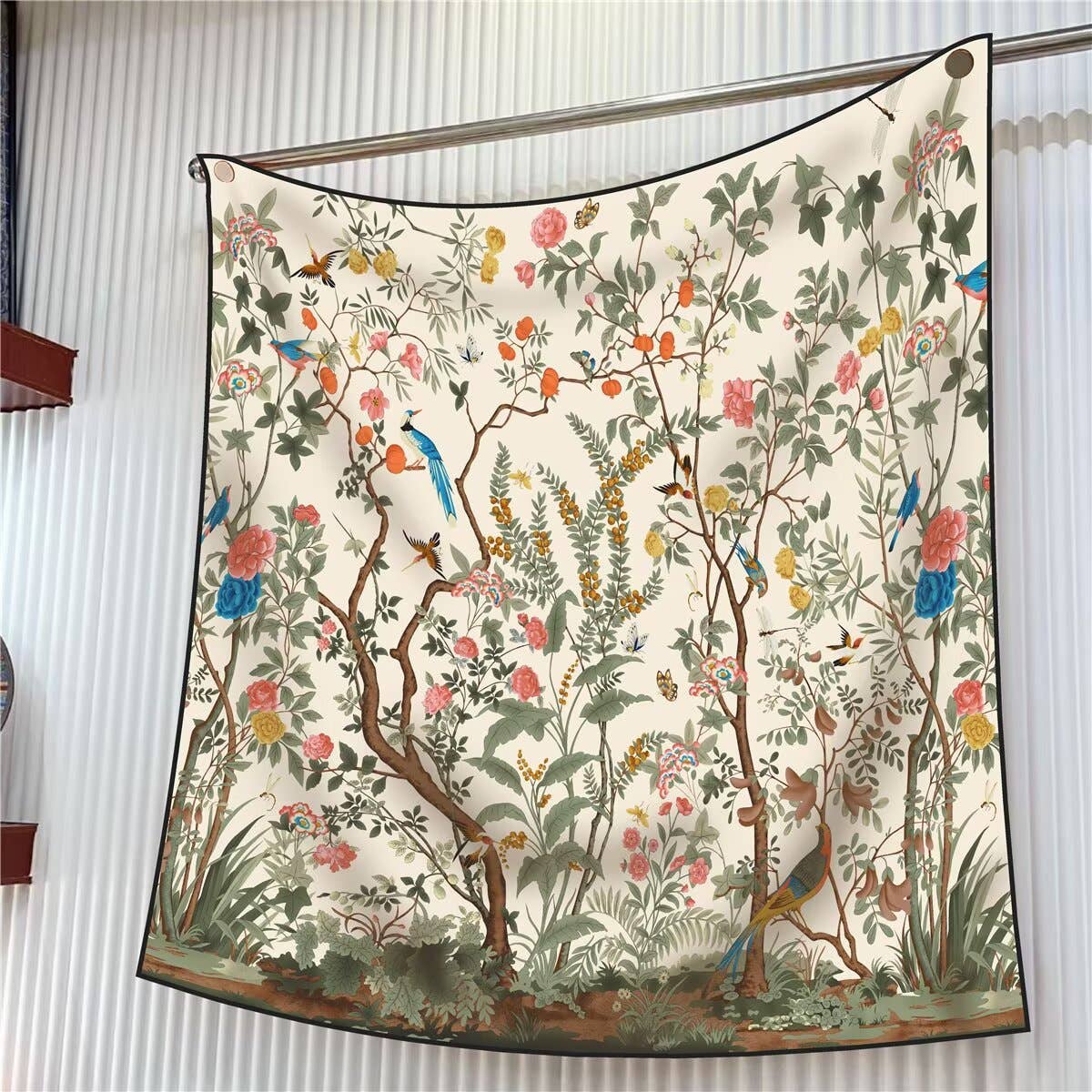 White Jungle Birds Twill Silk Sun Scarf — color: white