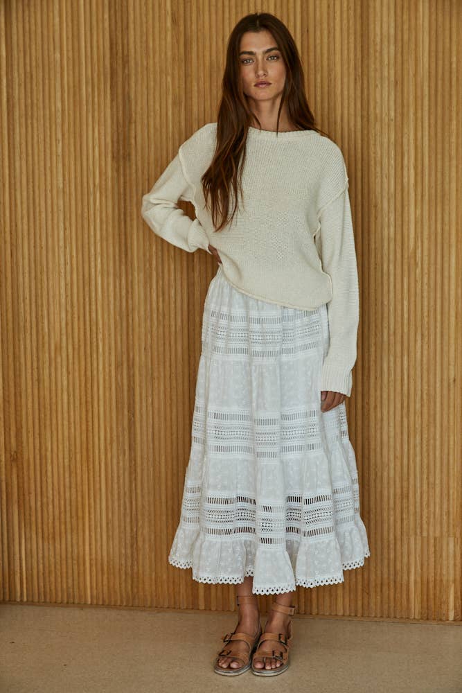 Woven Eyelet Lace Midi Skirt