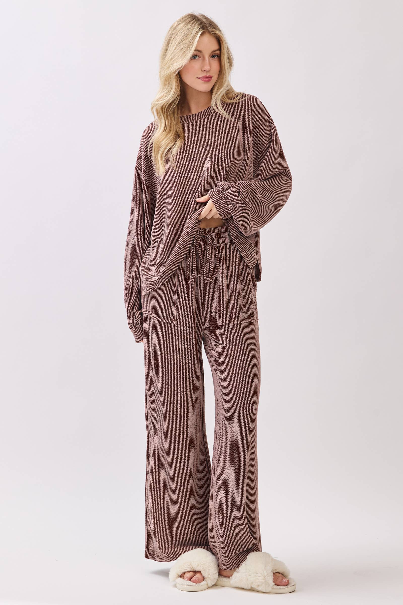 Brown Ribbed Knit Top and Wide Leg Pants Set