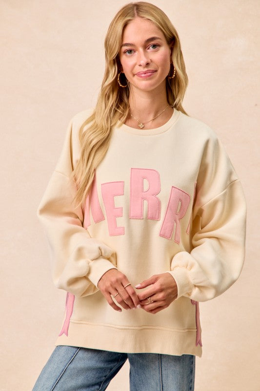 Cream/Pink Merry Christmas Sweatshirt