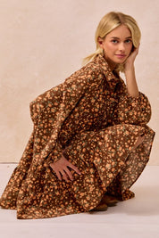 Brown Floral Print Corduroy Dress