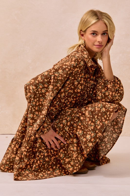 Brown Floral Print Corduroy Dress