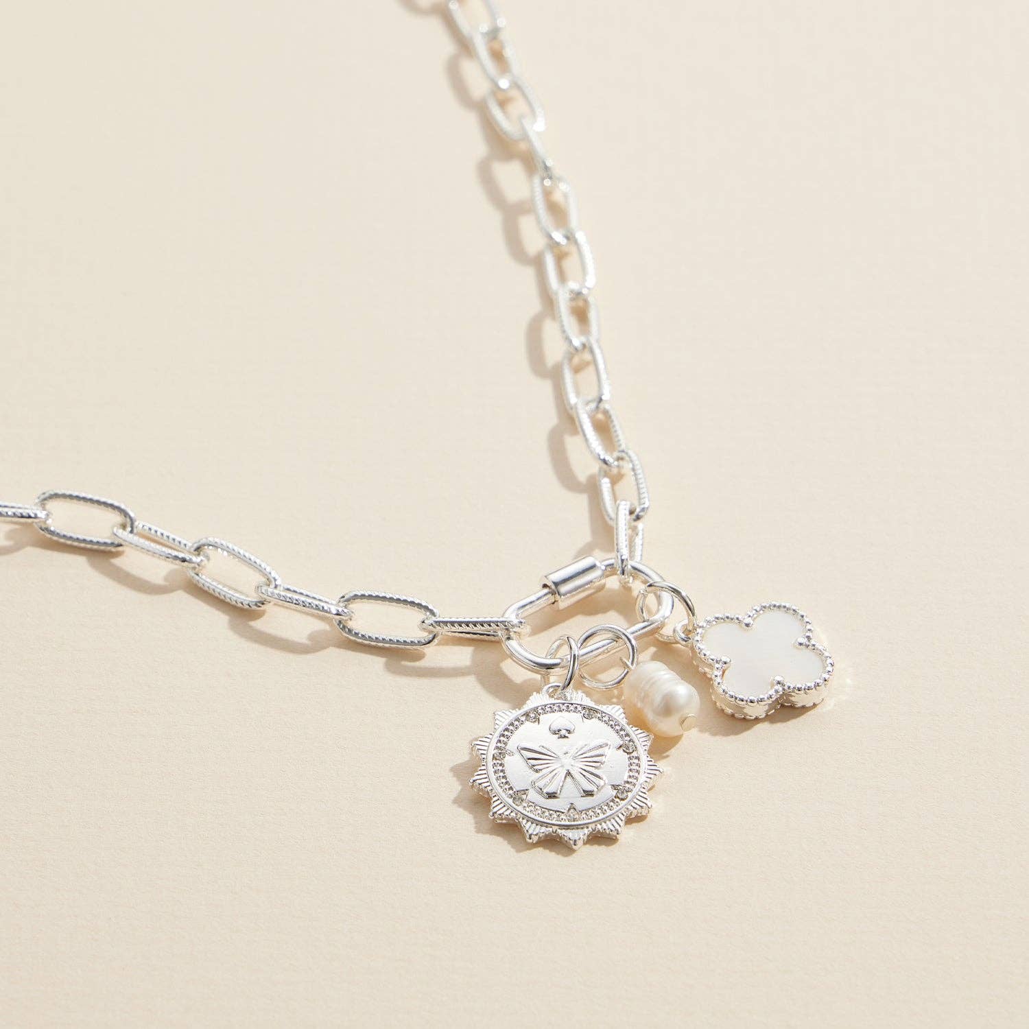 Chain Necklace with Butterfly, Pearl, & Clover Charms
