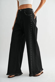 Black Wide-Leg Denim Stud Pants