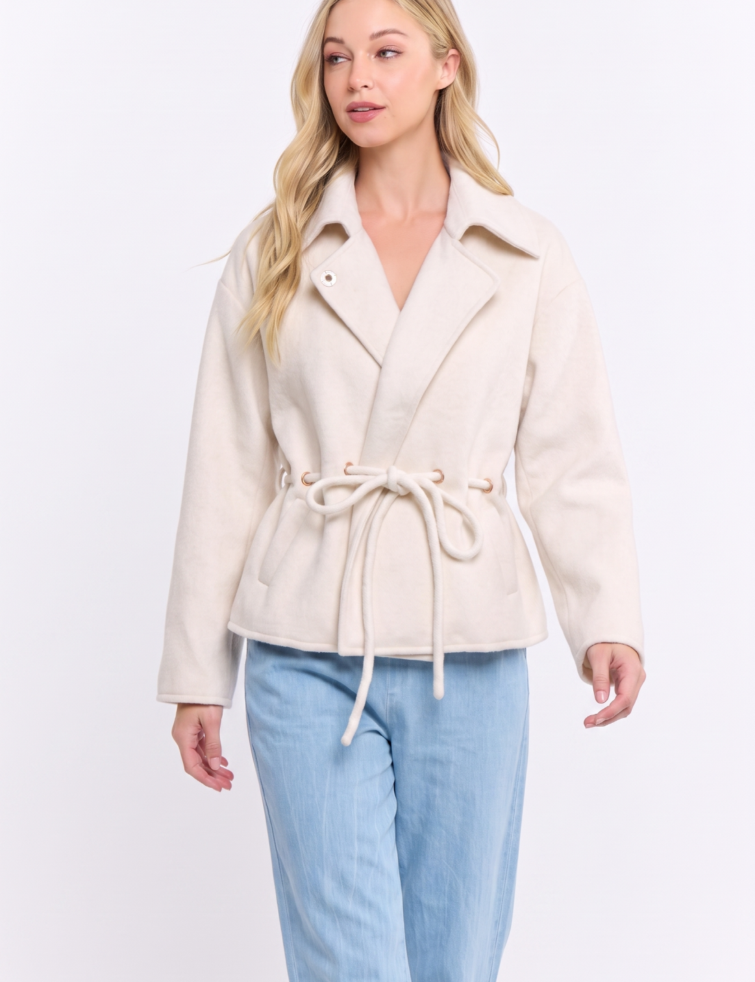 Wool Blend Belted Jacket showing tie in waist to adjust fit