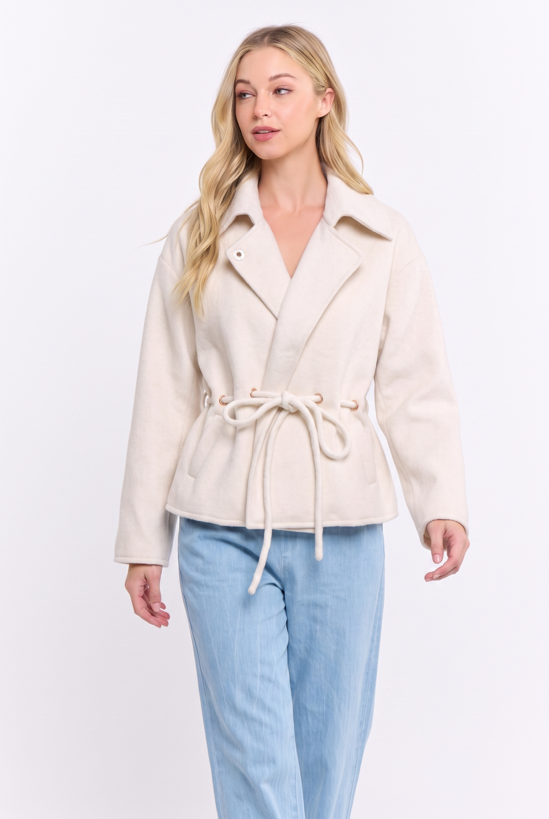 Wool Blend Belted Jacket showing tie in waist to adjust fit
