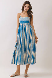 Blue Stripe Smocked Midi Dress