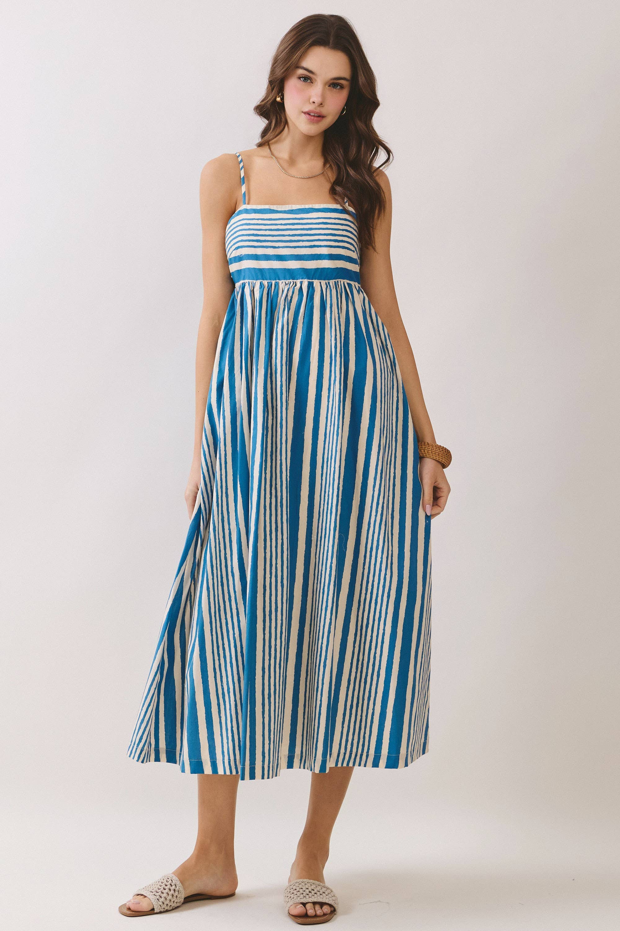 Blue Stripe Smocked Midi Dress