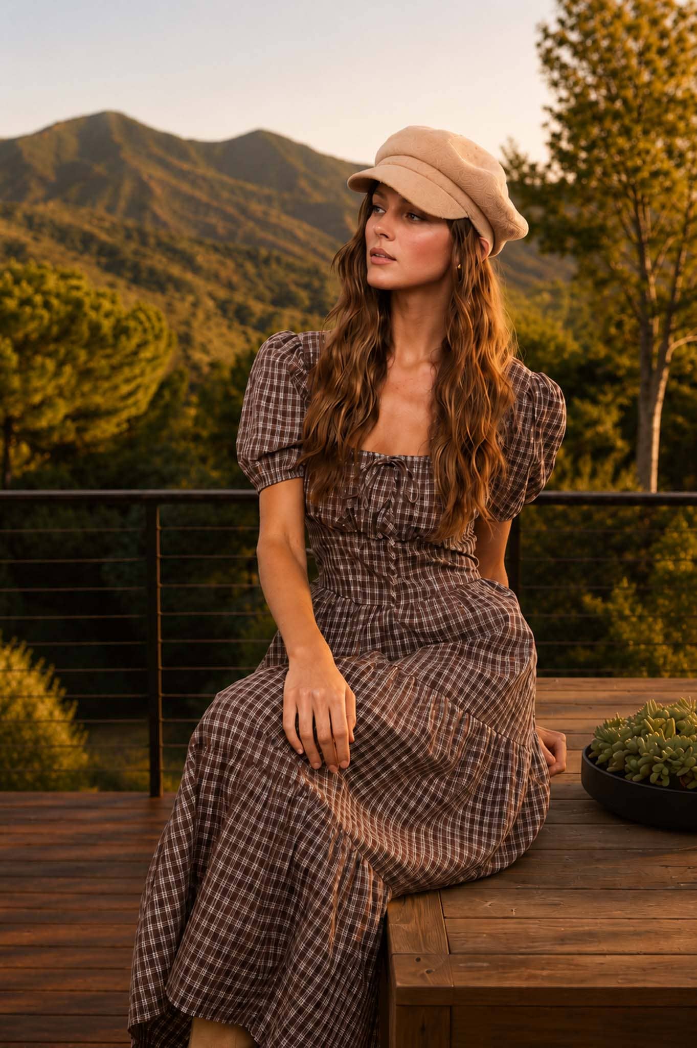 Brown Plaid Tiered Midi Dress showing short puff sleeves with elastic cuffs