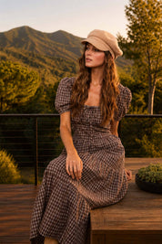 Brown Plaid Tiered Midi Dress showing short puff sleeves with elastic cuffs