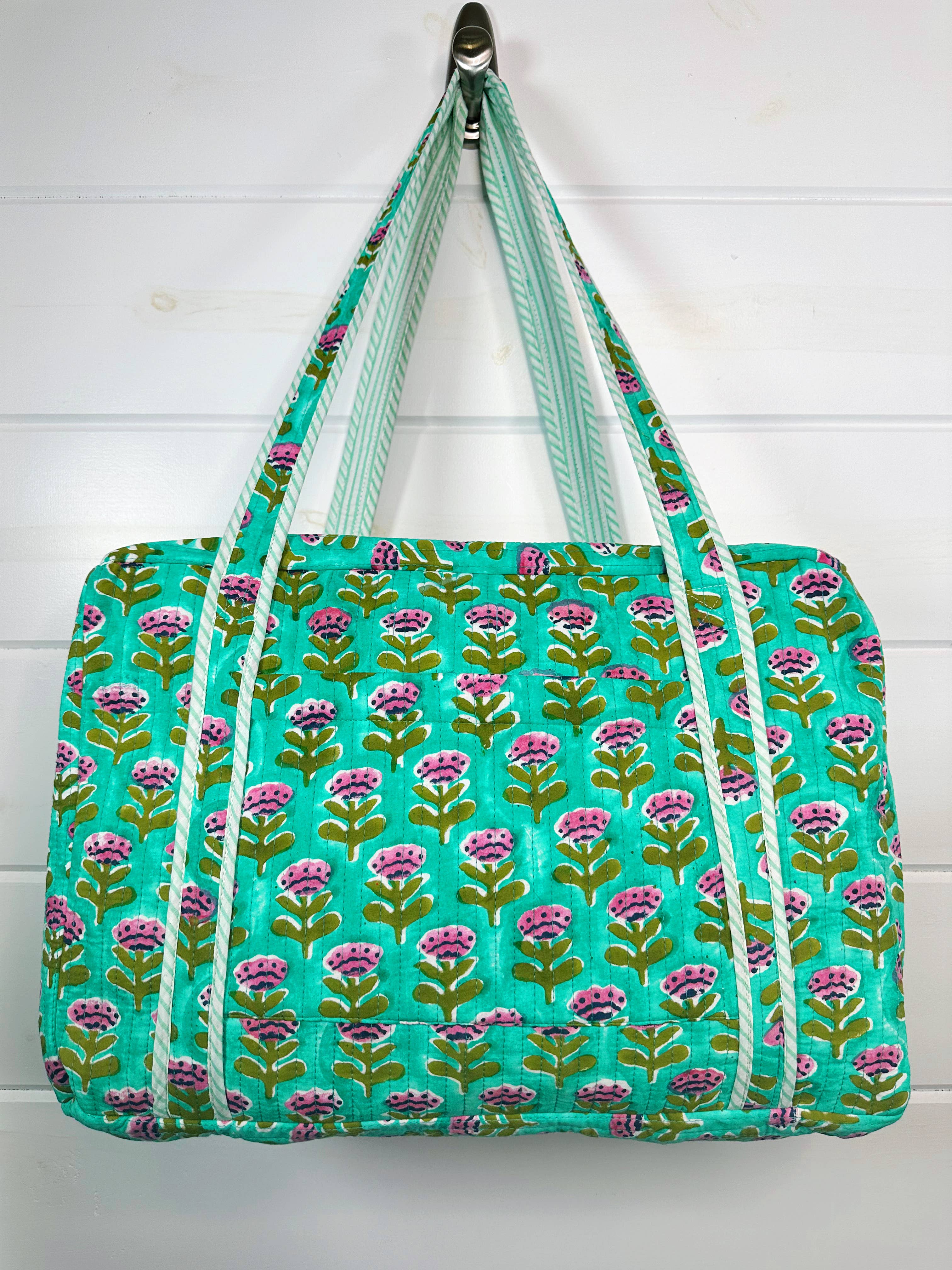 Aqua Floral Handmade Quilted Duffle Bag
