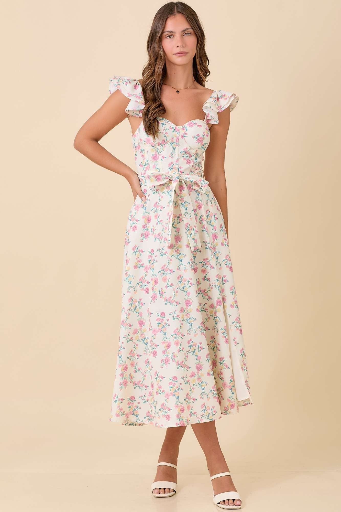 Ivory Floral Ruffle Midi Dress